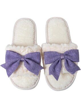 Women Purple Fuzzy Bow House Slippers Memory Foam Slides Open Toe Plush Fleece